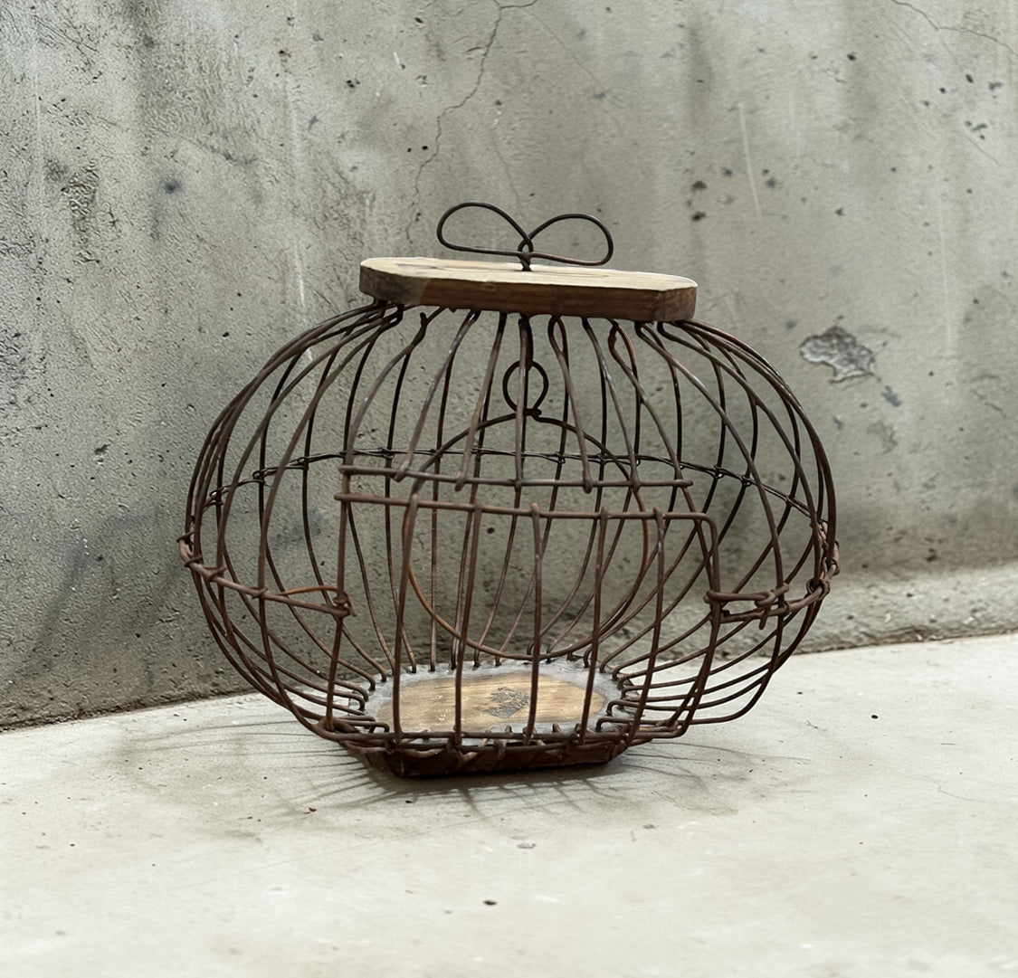 Vintage Spherical Wire Birdcage with Wooden Base and Top