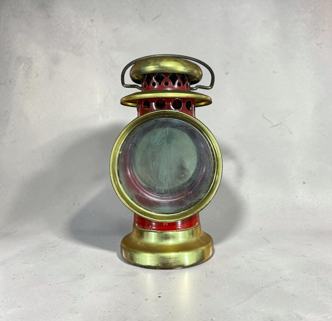 Vintage Red Brass Metal Carriage Lamp with a Round Lens