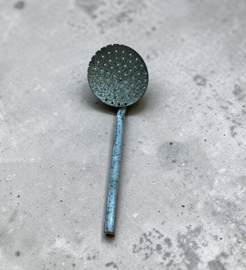 Vintage Hanging Gray Speckled Enamelware Ladle Strainer