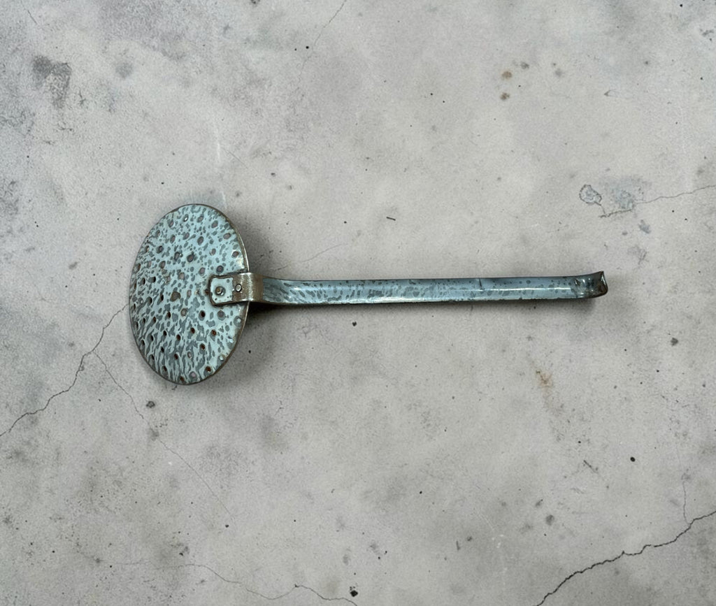 Vintage Hanging Gray Speckled Enamelware Ladle Strainer
