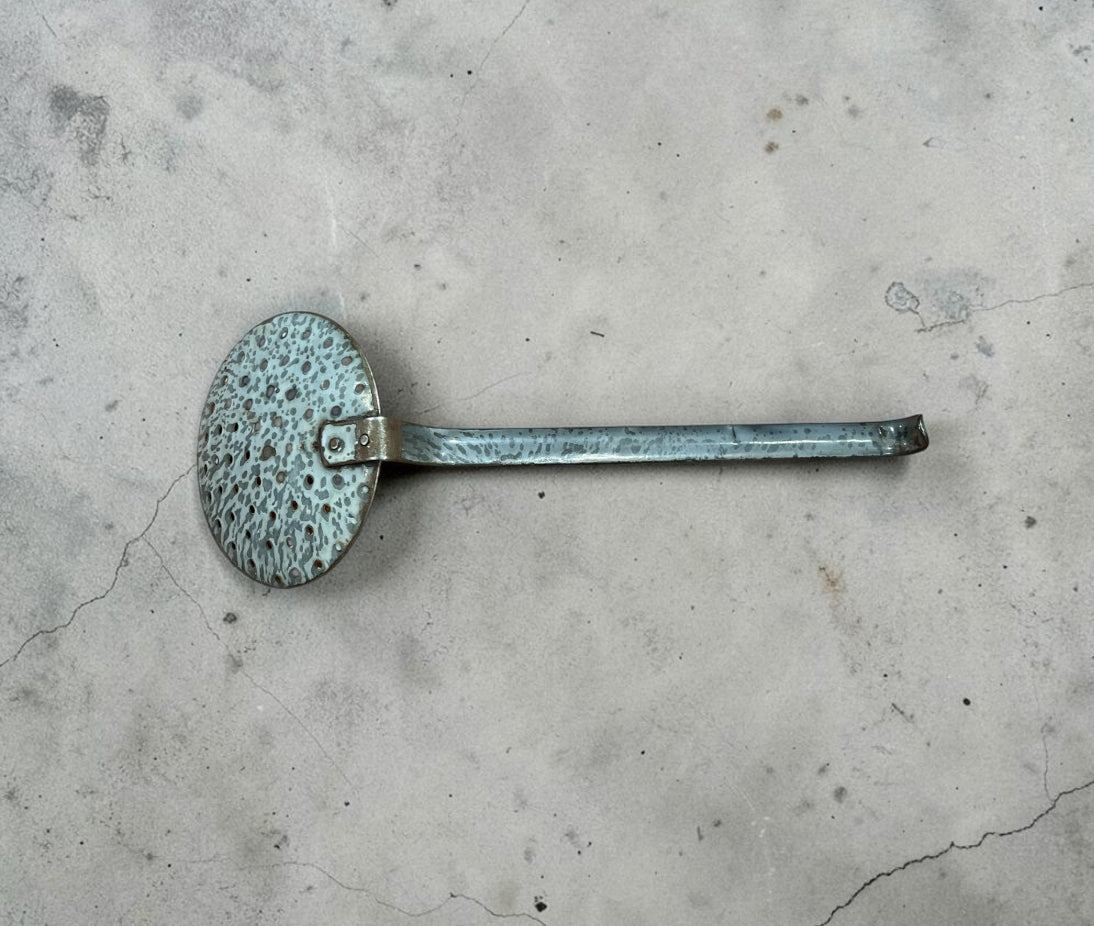 Vintage Hanging Gray Speckled Enamelware Ladle Strainer