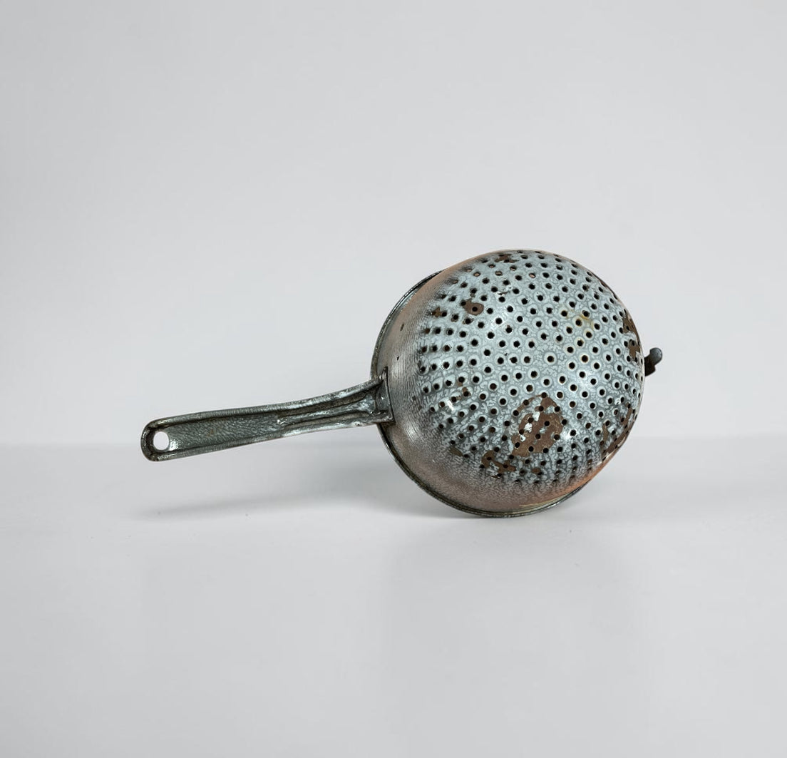 Vintage Gray Speckled Enamelware Strainer with Handle