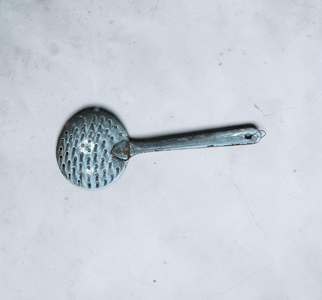 Vintage Gray Speckled Enamelware Flat Ladle Strainer