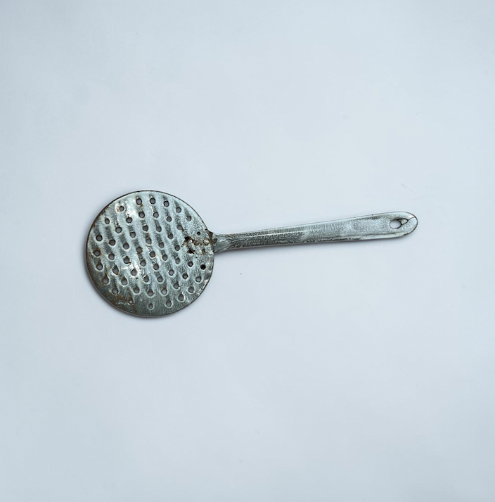Vintage Gray Speckled Enamelware Flat Ladle Strainer